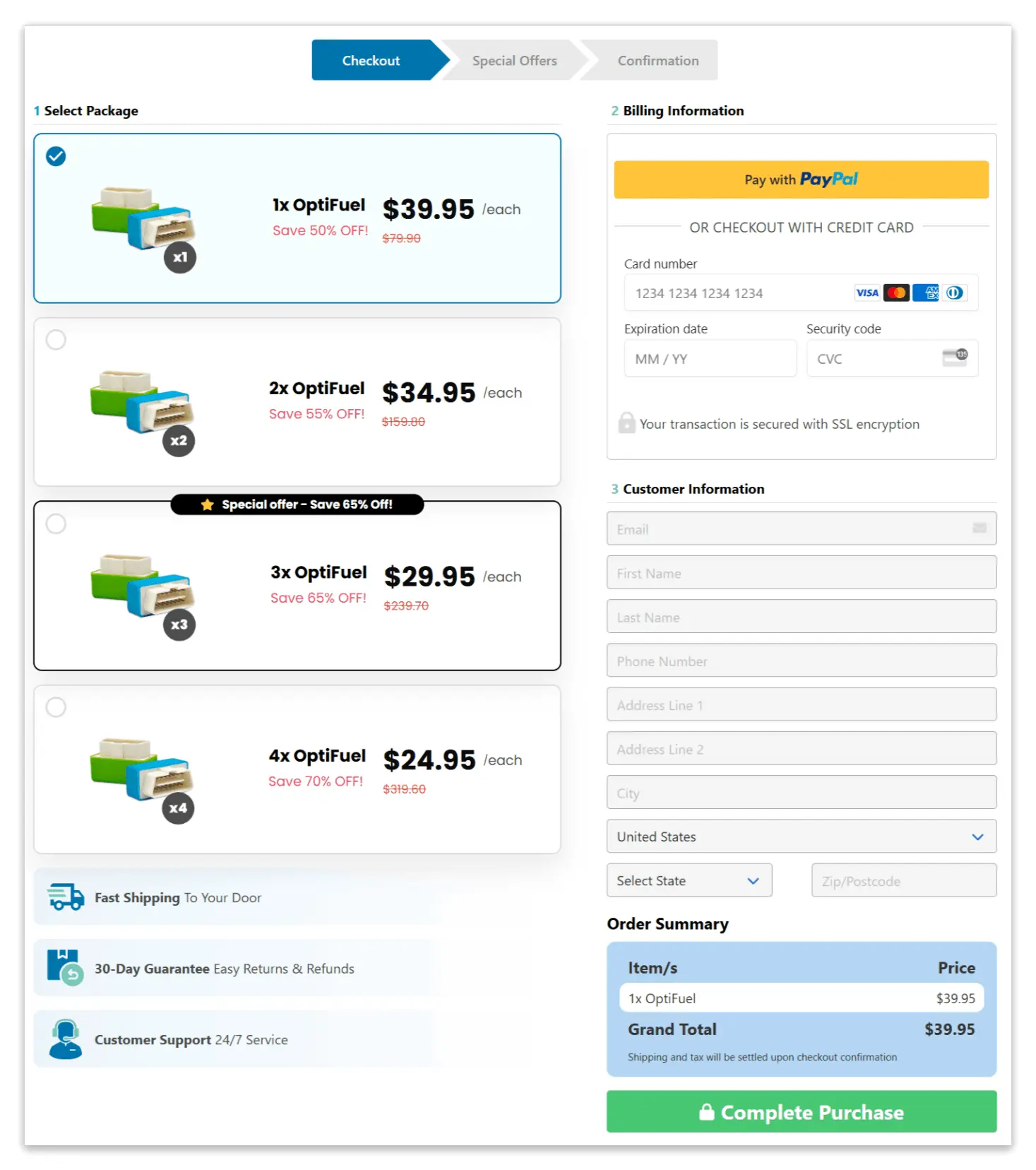 OptiFuel secure checkout page